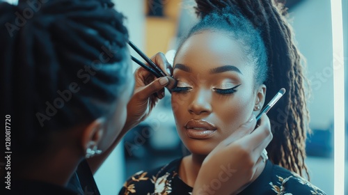 Woman getting her makeup applied with a makeup brush