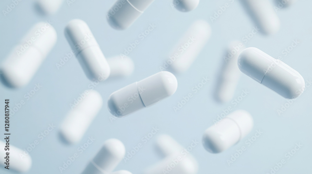 Floating white capsules in mid air on light background for pharmaceutical design Floating white capsules in mid air on light background for pharmaceutical design
