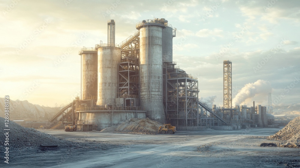 An industrial facility stands prominently in a barren landscape, characterized by silos and machinery, under a soft, hazy sky. An industrial facility stands prominently in a barren landscape, characterized by silos and machinery, under a soft, hazy sky.