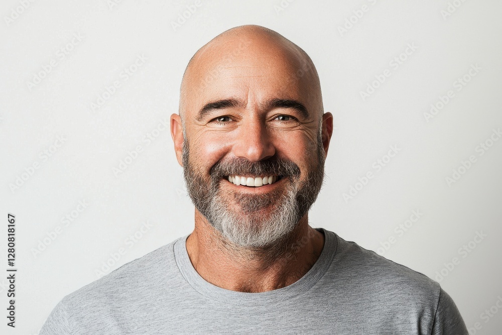 Warm portrait of a smiling middle-aged man with a beard, conveying experience, authenticity and genuine happiness on a bright, neutral background setting. Warm portrait of a smiling middle-aged man with a beard, conveying experience, authenticity and genuine happiness on a bright, neutral background setting.