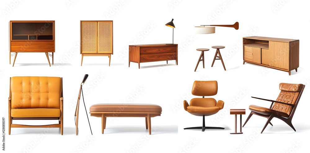 Fototapeta premium Set of trendy sofas, armchairs, with cushions in retro mid-century style. Modern soft furniture collection