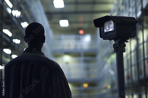 Prison inmate looking at security camera photo