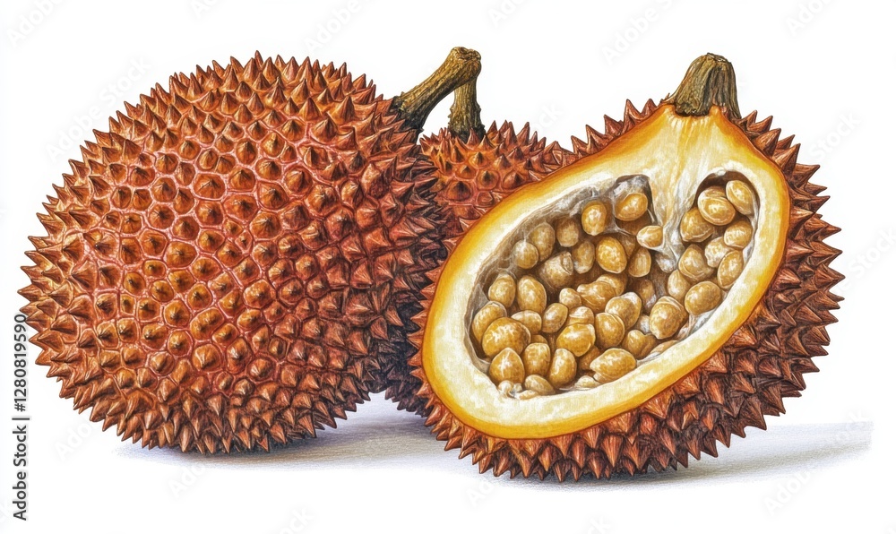 Close-up of ripe durian fruit showcasing its spiky exterior and creamy interior with seeds Close-up of ripe durian fruit showcasing its spiky exterior and creamy interior with seeds