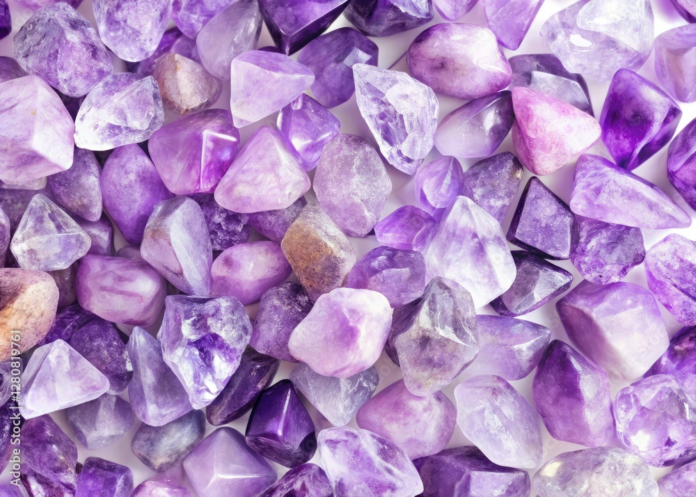 Stunning high-resolution image: panoramic lilac crystalline stones against a pristine white background. Stunning high-resolution image: panoramic lilac crystalline stones against a pristine white background.