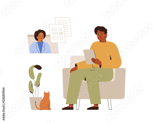 happy black man listening speech of doctor via internet from home. healthy male african american young person and medical care worker talk online. Telemedicine. vector illustration