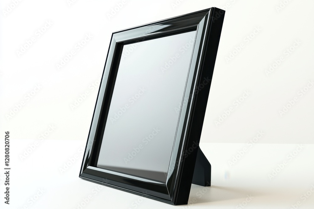 Elegant black picture frame with a stand, set against a clean white background, perfect for showcasing artwork or personal photos in modern home or office settings. Elegant black picture frame with a stand, set against a clean white background, perfect for showcasing artwork or personal photos in modern home or office settings.