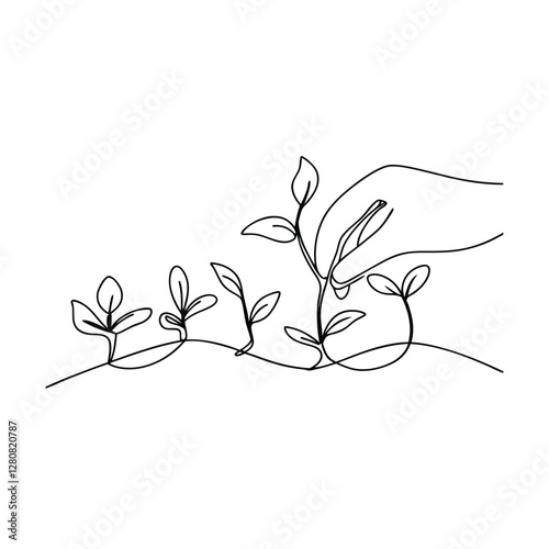 Hand nurturing young seedlings, growth, nature, line art, plants, sprout, ecology, environment
