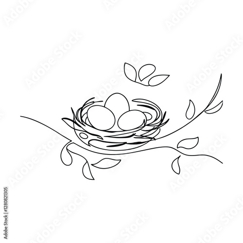 Birds Nest with Eggs on Branch, Line Art Drawing, Spring, Nature, Life, Beginnings, Home, Family, Wi