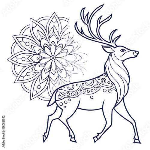 Wallpaper Mural Deer Mandala Coloring Page: Intricate Antlered Stag with Floral Design, Detailed Line Art for Relaxation and Creative Fun Torontodigital.ca