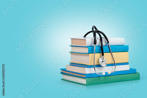 Medical literature concept. Books and stethoscope. Medical students studying.