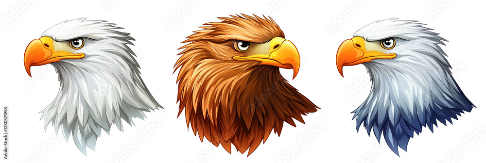 Fototapeta premium Eagle heads illustration showcasing three distinct styles: white, brown, and blue feathers with fierce expressions, isolated on transparent background, png