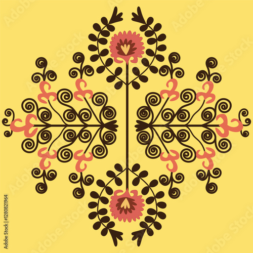 A vibrant Suzaní-inspired pattern featuring intricate floral and geometric designs. Rich colors and detailed motifs reflect the traditional textile art of Central Asia.