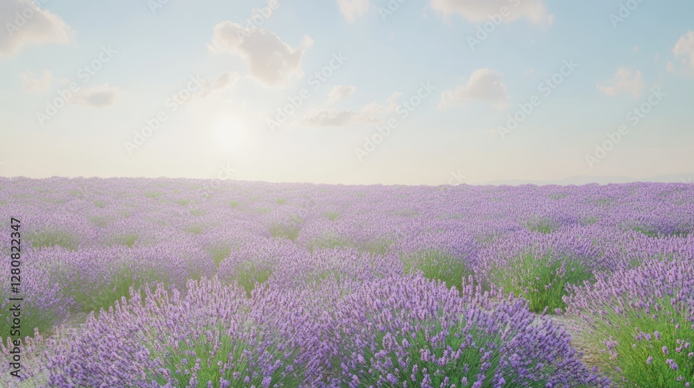 Obraz premium Expansive lavender field under a bright sky with soft clouds and sunlight in the background