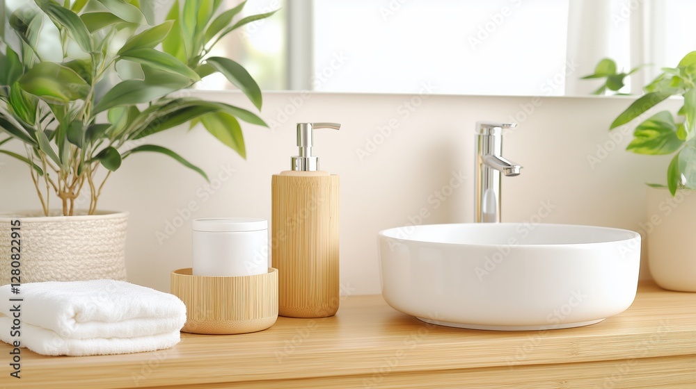 Fototapeta premium Elegant bathroom countertop setup with natural decor and modern fixtures in bright daylight