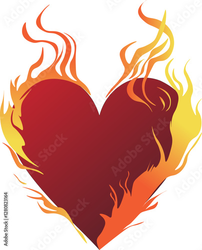 Heart on fire. Red burning heart with fire. Vector illustration.