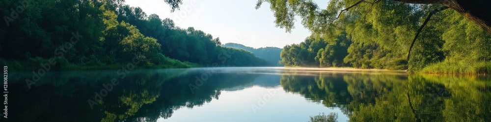 A calm lake with trees in the background. The water is still and the sky is clear. The scene is peaceful and serene A calm lake with trees in the background. The water is still and the sky is clear. The scene is peaceful and serene