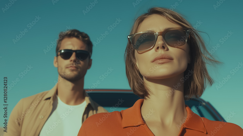 Stylish Duo in the Desert: A handsome man and a beautiful woman, both in sunglasses, stand confidently against a desert backdrop, exuding an aura of sophistication and adventure. Stylish Duo in the Desert: A handsome man and a beautiful woman, both in sunglasses, stand confidently against a desert backdrop, exuding an aura of sophistication and adventure.