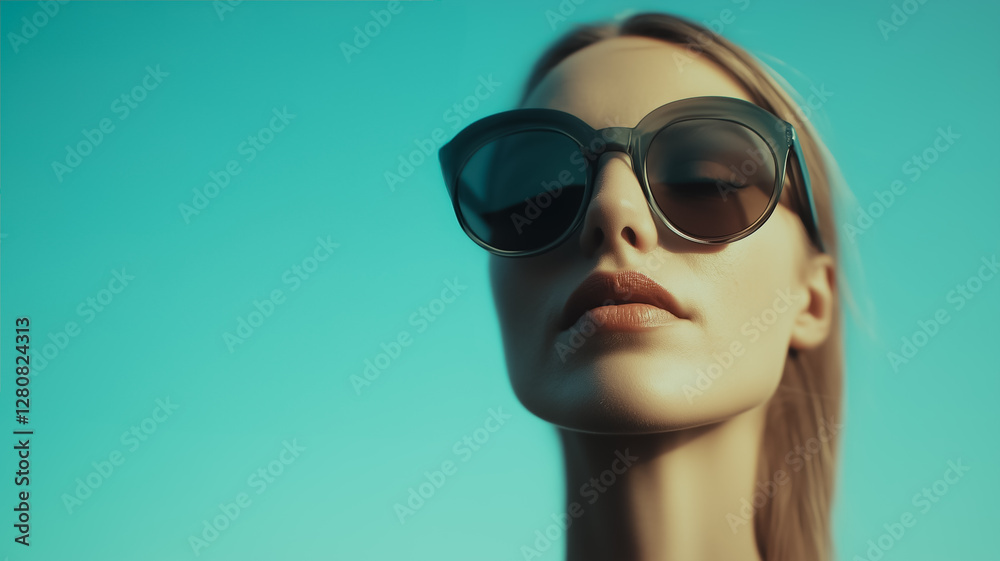 Stylish Summer: A close-up of a chic woman with blond hair wearing trendy sunglasses against a serene, aquamarine backdrop, radiating summer vibes and confidence. Stylish Summer: A close-up of a chic woman with blond hair wearing trendy sunglasses against a serene, aquamarine backdrop, radiating summer vibes and confidence.