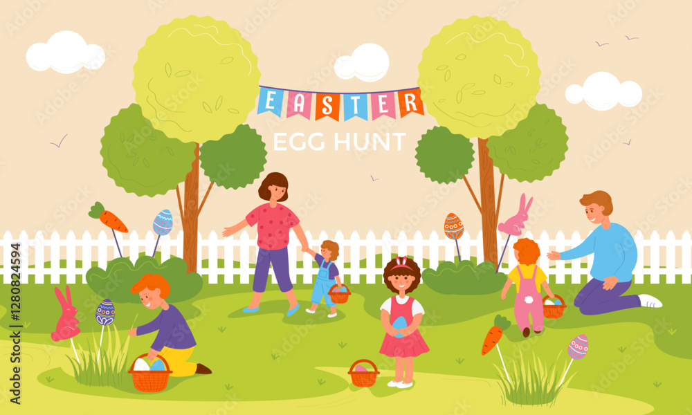 Easter egg hunt. Children with basket looking for and collecting eggs outdoors. Vector illustration. Easter egg hunt. Children with basket looking for and collecting eggs outdoors. Vector illustration.
