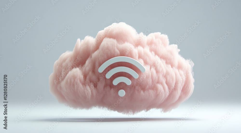 Obraz premium Fluffy Cloud Wifi Symbol Pastel Pink 3D Render Wireless Network Concept