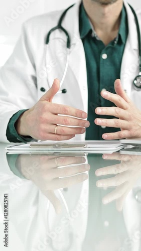 Male doctor wearing a stethoscope and lab coat is gesturing with hands while explaining a diagnosis to a patient across a glass desk with a laptop. Medicine