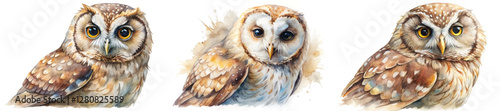 Realistic watercolor owls, detailed feathers, expressive eyes, nature illustration, wildlife art, bird portrait.