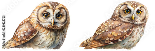 Realistic watercolor owls, detailed feathers, nature illustration, wildlife art, animal portrait, artistic design.