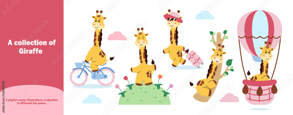 Naklejka premium A collection of cute giraffes in different fun poses includes riding a bicycle, standing, floating in a hot air balloon, embarking on a journey with a suitcase
