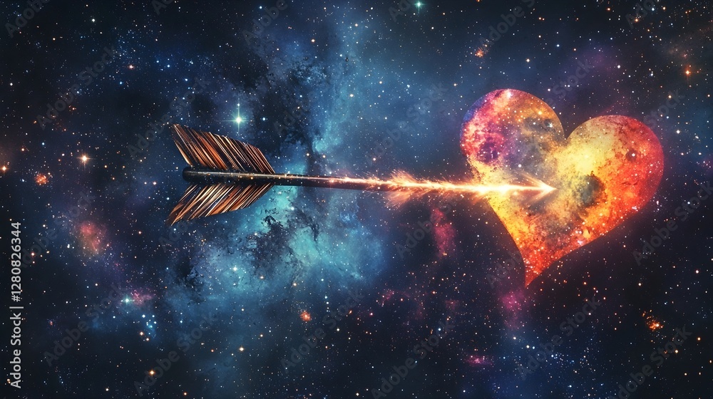 Naklejka premium Arrow pierces heart filled with stars in a vast galaxy, romantic cosmic fantasy background. 