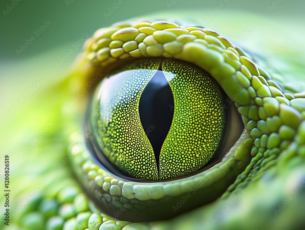 Fototapeta premium Colorful reptile eye, in bright colors in green theme, close up, macro shot.