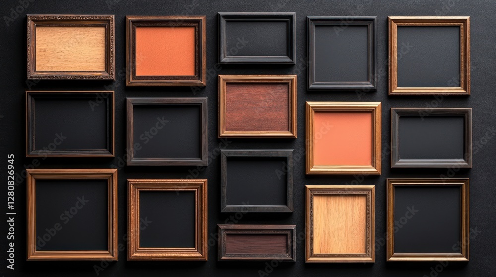 Fototapeta premium Antique Gold Wood Picture Frames Gallery Wall Mockup Empty Frames Art Decor Home De