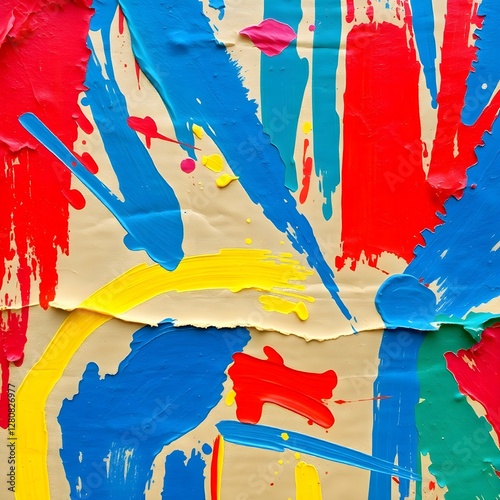 Close-up of grunge paper texture on cardboard background, bold acrylic painting, vibrant colors, textured brushstrokes, dynamic and expressive