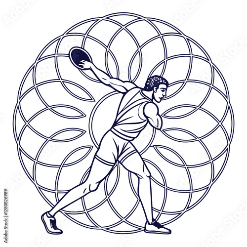 Discus Thrower Vector Illustration: Athlete in Action with Intricate Circular Design, Sports Graphic, Line Art, Competition, Throwing Sport
