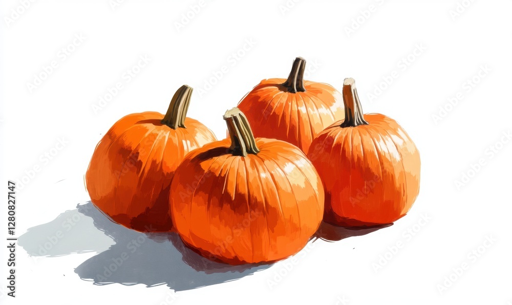 Obraz premium Four vibrant orange pumpkins arranged on a white background, casting soft shadows, ideal for autumn themes