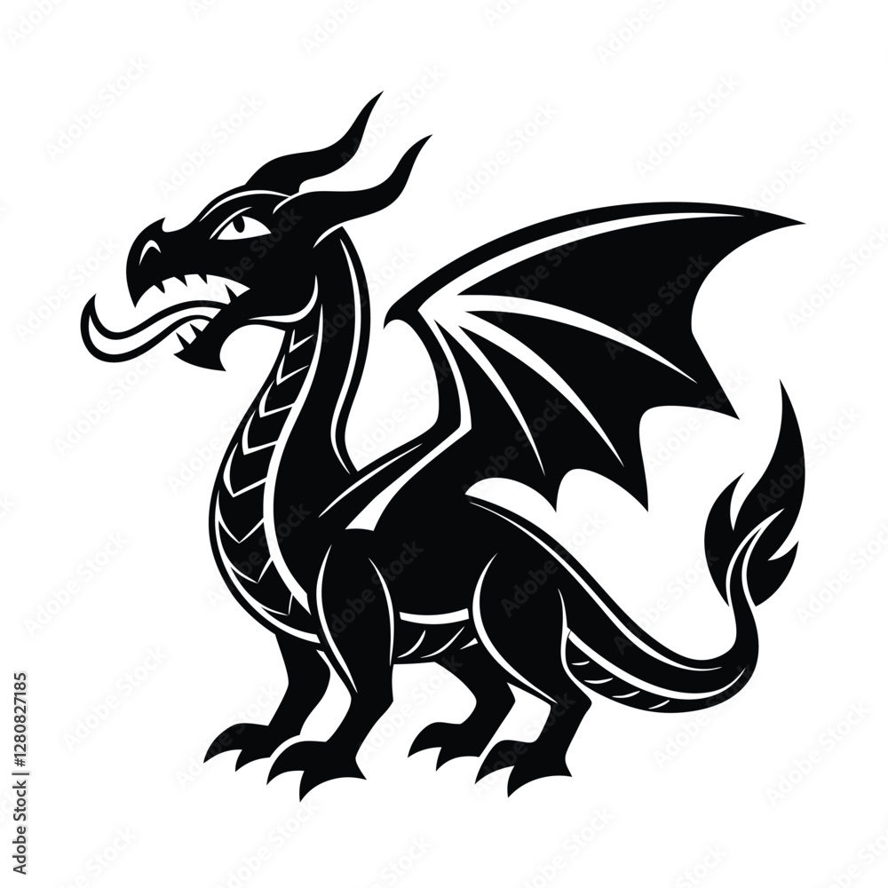 Black Dragon Illustration, Mythical Creature, Winged Reptile, Fantasy Art Black Dragon Illustration, Mythical Creature, Winged Reptile, Fantasy Art