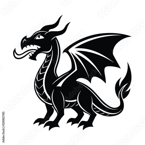 Black Dragon Illustration, Mythical Creature, Winged Reptile, Fantasy Art photo