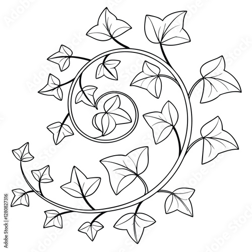 Ivy Vine Swirl Illustration: Black and White Botanical Drawing of Climbing Plant, Elegant Floral Design for Coloring Pages & Crafts