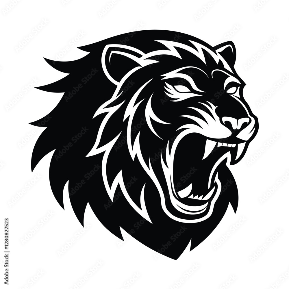 Fototapeta premium Roaring Lion Head, Black and White, Vector, Fierce, Majestic, Wildlife, Animal, Graphic, Design, Emb