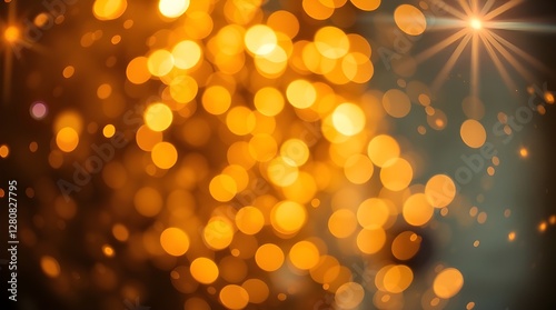 A long-exposure photograph featuring sparkling golden lights, a textured festive background, abstract Christmas bokeh, falling stars, and motion trails. Natural earth tones, bright lens flares, and li