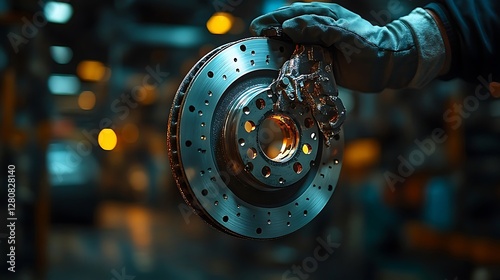 Automotive brake disc held by technician in factory setting. Possible use Stock photo for automotive repair, maintenance, or manufacturing
