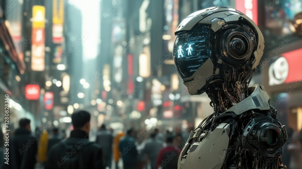 Futuristic robot stands in a bustling city street, surrounded by people and neon lights Futuristic robot stands in a bustling city street, surrounded by people and neon lights