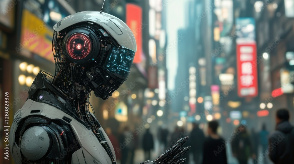 Futuristic robot exploring a bustling neon-lit city street with blurred pedestrians in the background Futuristic robot exploring a bustling neon-lit city street with blurred pedestrians in the background