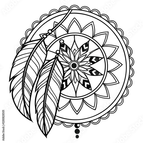 Dreamcatcher Coloring Page: Intricate Mandala Design with Feathers - Printable Art Therapy for Relaxation & Creativity