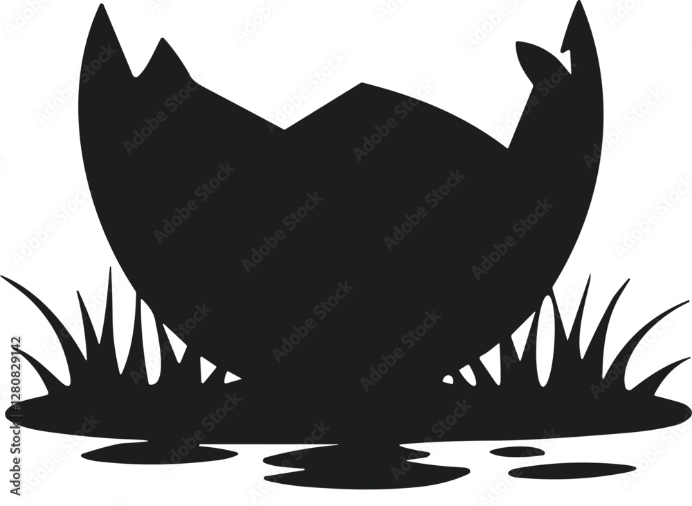 Broken Egg Shell in Grass - Black Silhouette Vector Broken Egg Shell in Grass - Black Silhouette Vector