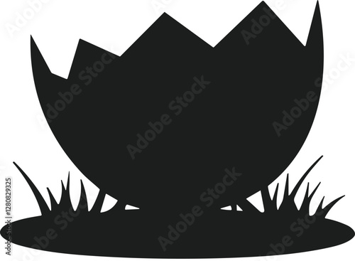 Cracked Eggshell Silhouette – Broken Egg Vector on Grass