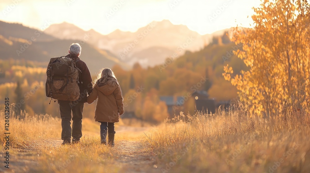 Autumn Hike Father and Daughter Stroll Through Golden Forest Autumn Hike Father and Daughter Stroll Through Golden Forest