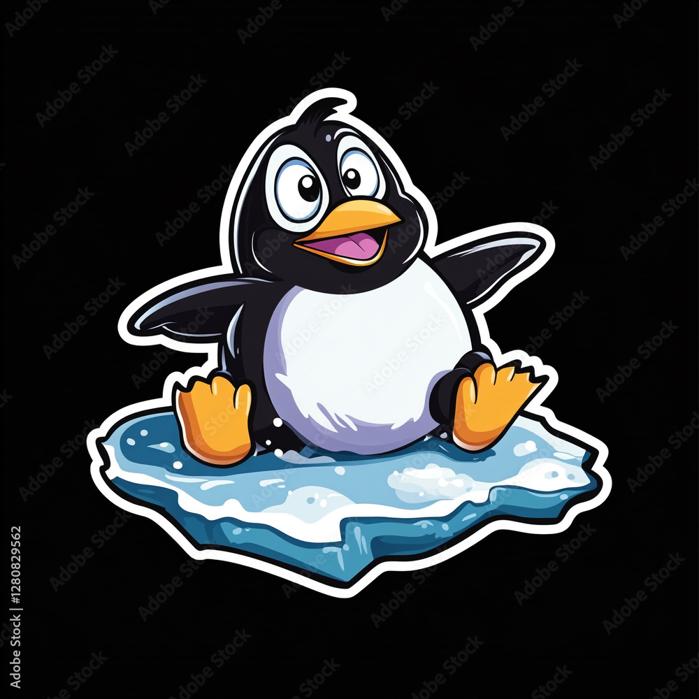 Fototapeta premium Excited Penguin Sliding On Ice 2D Cartoon Sticker - Fun and Playful Design Featuring a Happy Penguin Enjoying Winter Activities in a Colorful and Whimsical Style Perfect for Kids and Adults
