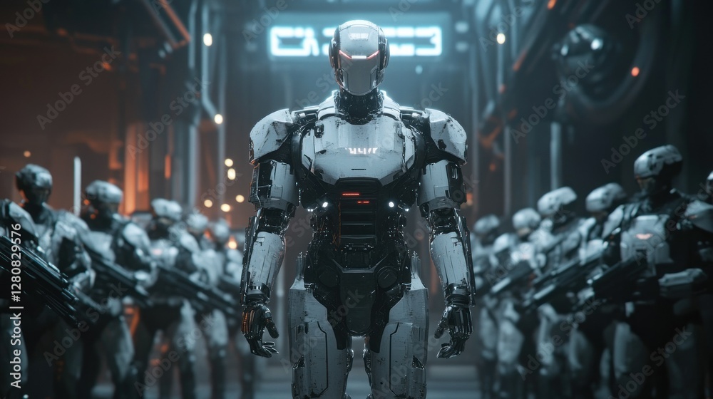 Futuristic robots standing in formation within a high-tech facility, showcasing advanced technology Futuristic robots standing in formation within a high-tech facility, showcasing advanced technology