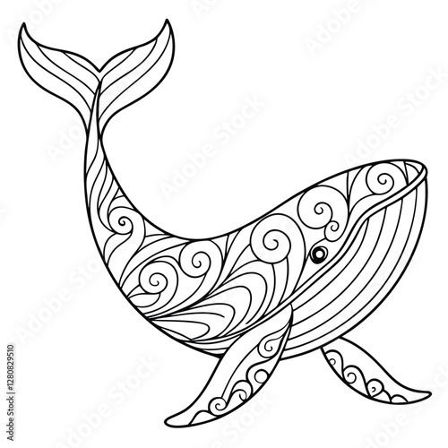 Whale Coloring Page: Detailed Zentangle Style Illustration of a Humpback Whale for Relaxation and Creative Coloring Fun