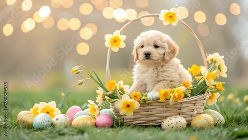 Adorable Puppy in Easter Basket with Flowers and Eggs